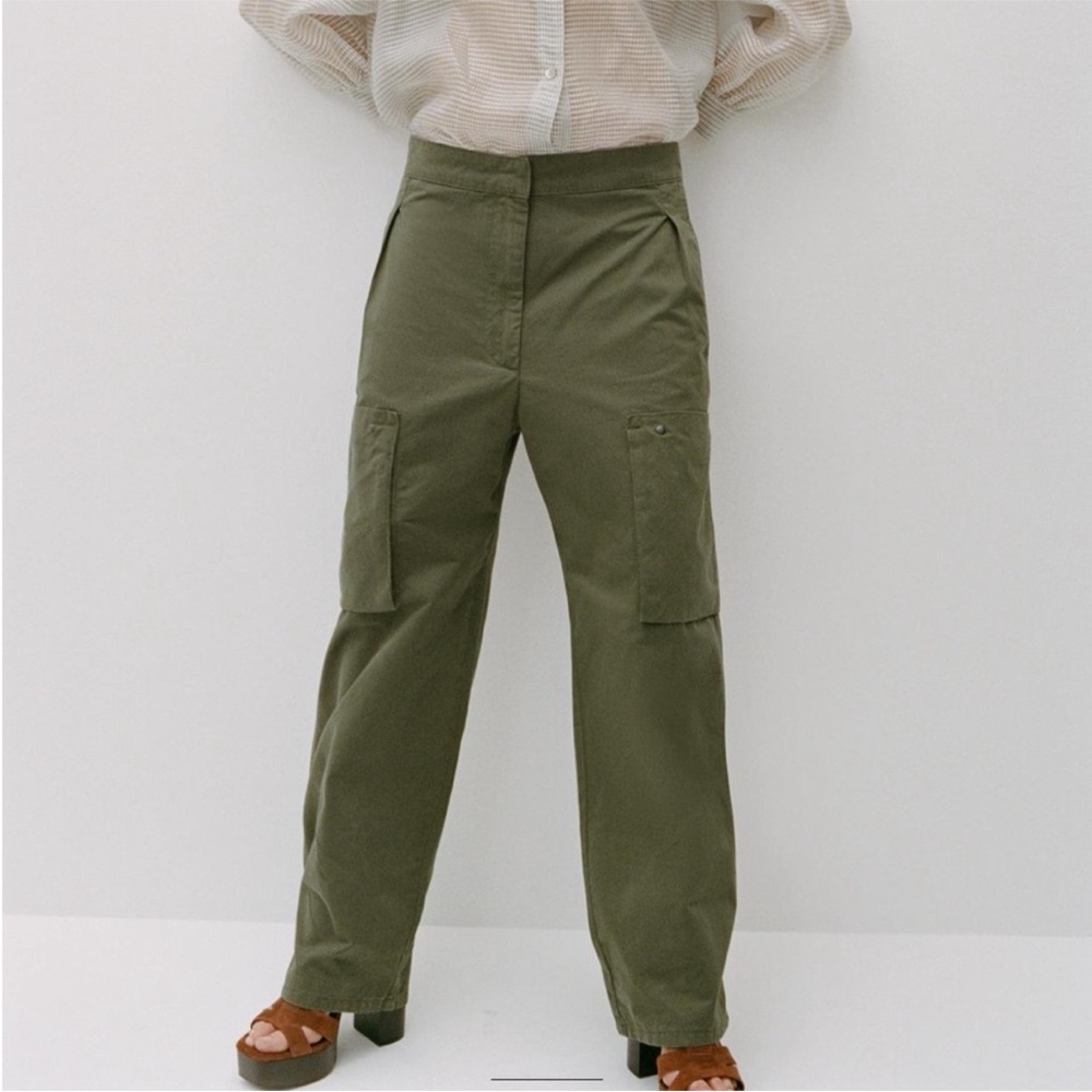 Zara Olive Green Pleated Cargo High Rise Chino Trouser Size 2 - Picture 2 of 9